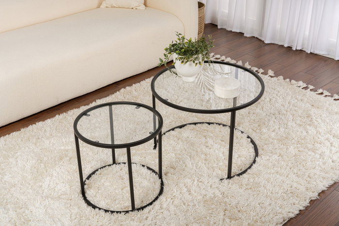 Nordure Juego de Mesas de Café 60, 42 cm Negro, Transparente Elegantes y Modernas con Marco de Metal y Vidrio Templado
